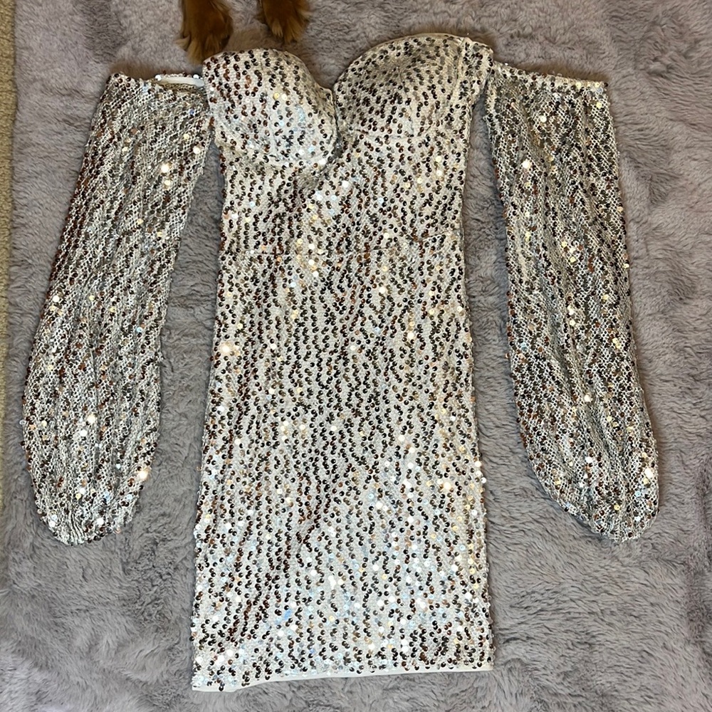 Dolls Kill Silver Off The Shoulder Long Sleeve Sequin Mini Dress